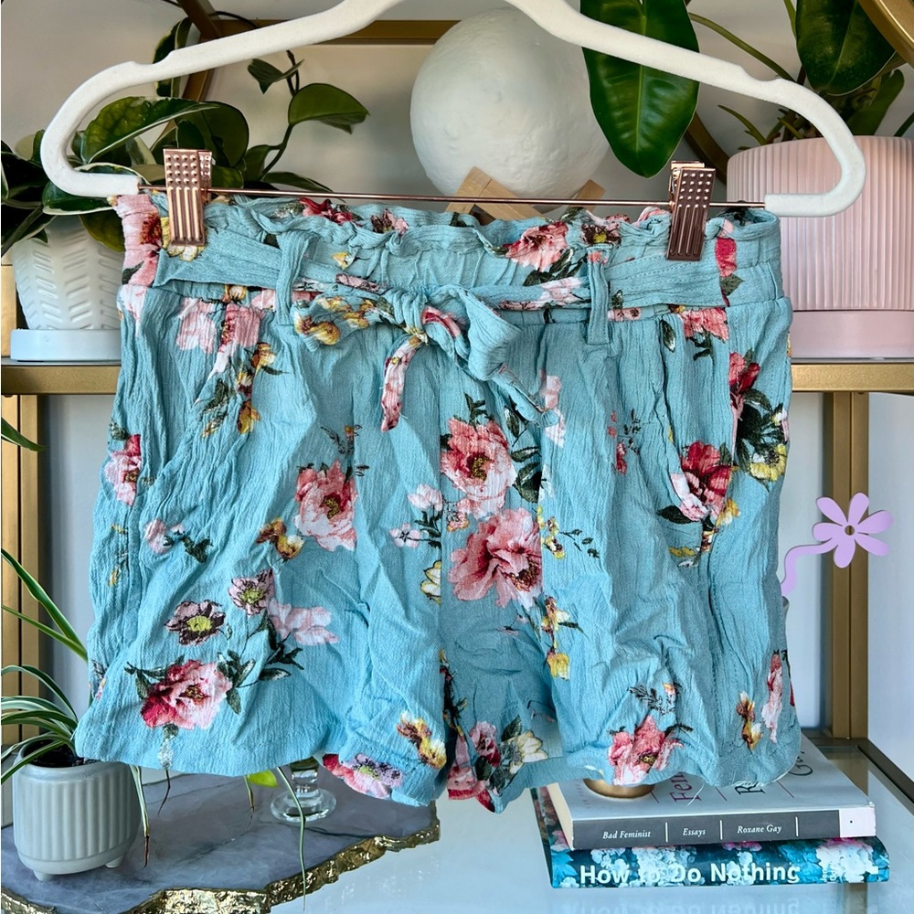 Jolt Blue Floral Shorts with Attached Tie Belt